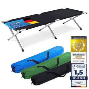 Faltbares Army Feldbett aus Aluminium in Schwarz, ideal für Camping und Übernachtungen, mit verschiedenen Tragetaschen in Blau, Grün und Schwarz und Auszeichnungen für hohe Qualität.