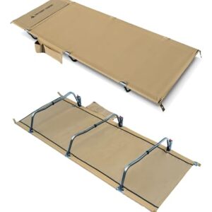 Faltbares OneTigris SUPRAGRIS Feldbett in Kojote Braun, im zusammengeklappten und ausgeklappten Zustand, ideal für Camping und Outdoor-Aktivitäten, mit integrierter Kissentasche und stabilen Seitentaschen.