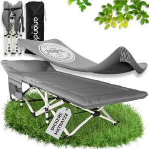 Faltbares Feldbett mit extra dicker Matratze und Bezug aus 100% Bio-Baumwolle, ideal für Camping und als Gästebett.