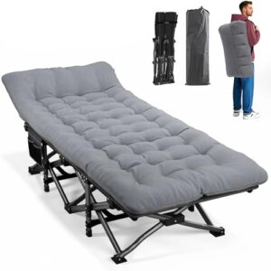 Klappbares Campingbett mit grauer gepolsterter Matratze, ideal für Outdoor-Aktivitäten und Gästeübernachtungen, zusammenklappbar und tragbar mit Seitentasche.