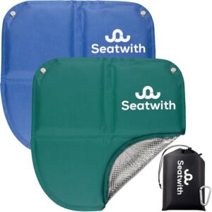 Zwei faltbare Iso-Sitzkissen in Blau und Grün, ideal für Outdoor-Aktivitäten wie Camping, Wandern und Picknicks, mit wärmeisolierender Aluminium-Unterseite.