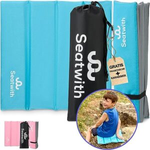 Faltbares Iso-Sitzkissen für Kinder in verschiedenen Farben, ideal für Outdoor-Aktivitäten. Inklusive Tragetasche und Karabinerhaken.