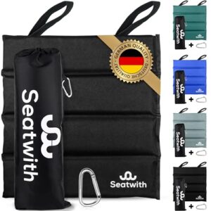2X faltbares Iso-Sitzkissen in Schwarz, 35x35cm, mit Tragetasche und Karabinerhaken für Outdoor-Aktivitäten, ideal gegen Kälte, Nässe und Schmutz.