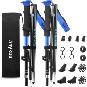 Faltbare und verstellbare Wanderstöcke aus Aluminium mit ergonomischen Gummigriffen und Zubehör für verschiedene Geländetypen.