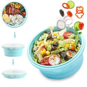 WDEC 1200ml Faltschüssel aus lebensmittelechtem Silikon in hellblauer Farbe, zusammengeklappt mit buntem Salat und frischem Gemüse. Ideal für Outdoor-Aktivitäten wie Camping und Picknicks.