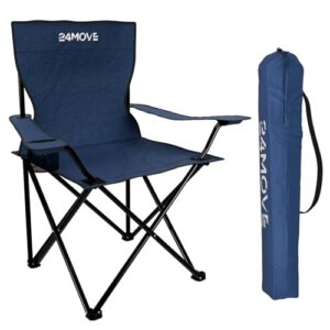 Blauer Faltstuhl für Camping und Angeln mit Getränkehalter, klappbar und aus strapazierfähigem Polyester, ideal für Outdoor-Aktivitäten.