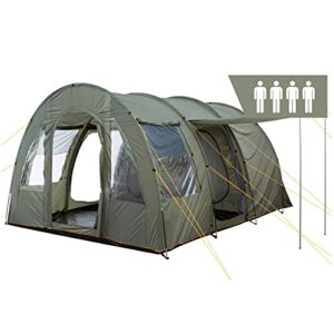 Geräumiges Tunnelzelt für 4 Personen in Olivgrün mit drei Eingängen, ideal für Camping und Outdoor-Aktivitäten, zeigt gute Belüftung und Insektenschutz.