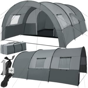 Geräumiges dunkgraues Familienzelt für 6 Personen mit Vorzelt und UV-Schutz, ausgestattet mit Fenstern und Trage Tasche, ideal für Camping und Outdoor-Aktivitäten.