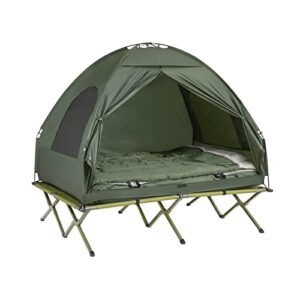 SoBuy OGS32-L-GR Feldbett 4in1-Zelt für Camping mit Schlafsack, Luftmatratze und Zubehör, ideal für 2 Personen, zeigt das Zelt in dunklem Olivgrün in der Natur.