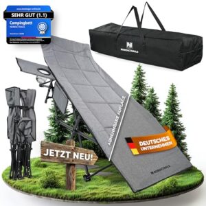 Feldbett Campingbett klappbar mit grau gepolsterter Liegefläche, Tragetasche und Zubehör in einer Waldszene, ideal für Outdoor- und Campingaktivitäten.