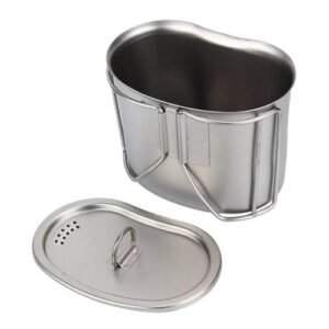 Tragbare Feldflasche aus rostfreiem Stahl mit geschwungener Form und Deckel, ideal für Camping und Outdoor-Aktivitäten.