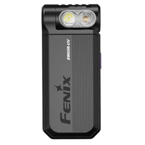 Fenix SW05R-UV Taschenlampe mit schwarzem Gehäuse und weißer sowie UV-LED-Lichtquelle, ideal für Inspektions- und Sicherheitsarbeiten.