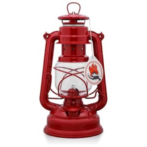 Feuerhand Sturmlaterne Baby Special 276 in rot aus pulverbeschichtetem Stahl und bruchsicherem Glas, ideal für nostalgische Beleuchtung im Außenbereich.