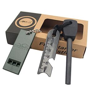 Feuerstahl Feuerstein Survival Set 7in1 für Outdoor-Abenteuer mit Feuerstarter, Schaber, Pfeife und Tragetasche.