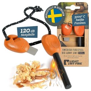 LIGHT MY FIRE Feuerstahl Outdoor Army mit Bio-basierter Kunststoffgriff und integrierter Notfallpfeife, ideal für Outdoor-Aktivitäten und Survival-Situationen.