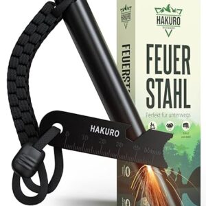 HAKURO Feuerstahl XXL für Outdoor-Aktivitäten, 20.000 Zündungen, mit Paracord-Griff und Funken im Hintergrund