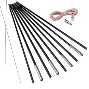 Set aus mehreren schwarzen Fiberglas Zeltstangen mit einem Durchmesser von 12,7 mm und einer Länge von 850 cm, ideal zur Stützung von Zelten, Pavillons und mehr, inklusive Gummiband und Einfädelhilfe.