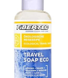 FIBERTEC Travel Soap Eco 250ml - 3-in-1 Reise-Seife flüssig, biologisch abbaubar, für Körperpflege, Geschirrspülen und Waschen, umweltfreundlich und nachhaltig, Made in Germany.