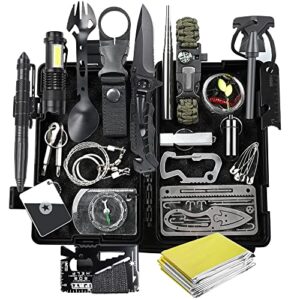FINIBO Survival Kit 21 in 1 mit vielseitigen Tools für Outdoor-Aktivitäten und Notfälle, einschließlich Kompass, Taschenlampe und mehr, in schwarzer, wasserdichter Box.