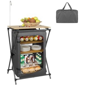 Multifunktionale Finnhomy Campingküche mit vier Ablagen, ideal für Outdoor-Aktivitäten, ausgestattet mit einem stabilen Tisch und praktischen Aufbewahrungsmöglichkeiten für Lebensmittel und Utensilien.