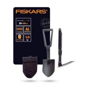 Fiskars Klappspaten für Camper und Bergsteiger, vielseitig einsetzbar als Schaufel und Hacke, aus gehärtetem Borstahl, mit praktischer Canvas-Tasche, Länge 59 cm.