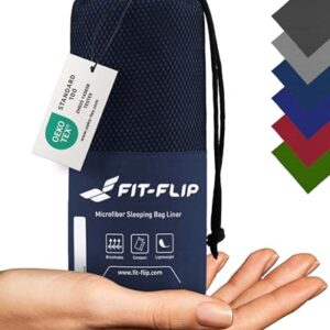 Ultraleichter Hüttenschlafsack aus Mikrofaser in Dunkelblau, ideal für Reisen und Camping, mit ergonomischem Design und extra Kissenfach.