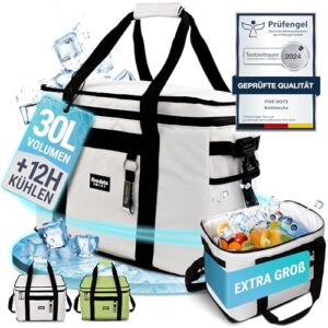 Große Kühltasche mit 30 Litern Volumen in modernem Design, hält Lebensmittel bis zu 12 Stunden kühl - ideal für Einkäufe, Ausflüge und Picknicks.