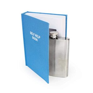 Flachmann im Design einer blauen Selbsthilfe-Bibel mit einem glänzenden Edelstahl-Flachmann sichtbar, ideal als Geschenk für besondere Anlässe.
