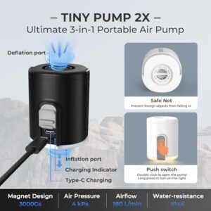FLEXTAILGEAR Tiny Pump 2X, tragbare elektrische Pumpe mit 1300-mAh-Akku und integrierter LED-Beleuchtung, geeignet zum Aufblasen und Entleeren von Luftmatratzen und Schwimmringen.