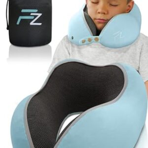 FLOWZOOM Nackenkissen für Kinder ab 6 Jahren in Blau, ideal für entspannende Reisen im Flugzeug oder Auto, aus viskoelastischem Memory Foam mit waschbarem Bezug.