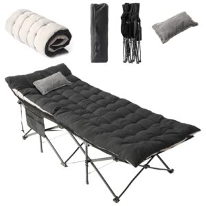 Flycoop klappbares Feldbett mit dick gepolsterter Matratze und Kissen, ideal für Camping und Outdoor-Aktivitäten, präsentiert in modernem Design.