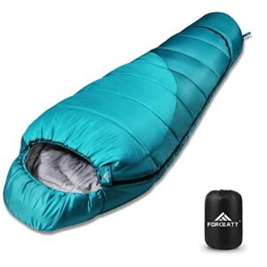 Mumienschlafsack in türkis für 3-4 Jahreszeiten, wasserdicht und reißfest, ideal für Outdoor, Camping und Trekking, mit kompaktem Packmaß.