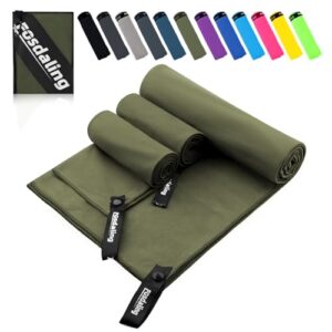 Fosdaling Mikrofaser Handtuch 3er Set in Armeegrün, bestehend aus einem großen Handtuch (160x80cm) und zwei kleinen Handtüchern (80x40cm), ideal für Fitness, Reisen und Strandaktivitäten.