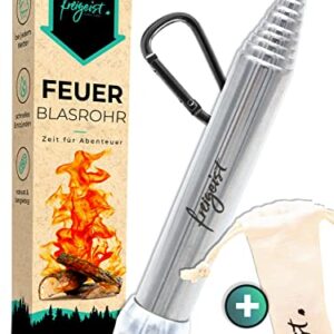 Hochwertiges freigeist Blasrohr Feuer aus Edelstahl für Camping und Outdoor Aktivitäten, inklusive Transportbeutel und Karabiner.