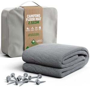 GardenGloss Vorzeltteppich 250x300 cm in hellgrau, ideal für Camping und Outdoor-Aktivitäten, zusammen mit Erdnägeln und Tragetasche, wetterfest und strapazierfähig.