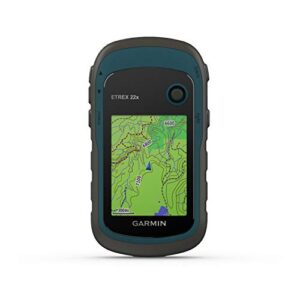Garmin eTrex 22x Handheld GPS Navigator in Schwarz und Marineblau, ideal für Outdoor-Abenteuer mit hochauflösendem Display und vorinstallierten topografischen Karten.