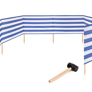 Garronda Strand Windschutz 10m lang in blauen und weißen Streifen mit Gummihammer zum sicheren Verankern im Sand, perfekt für den Strand und Garten.