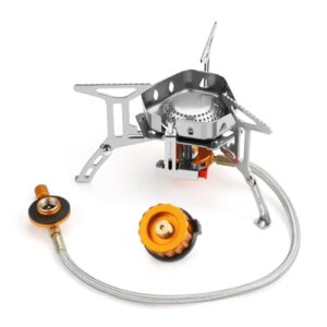 Tragbarer Gaskocher mit Piezozündung und winddichter Bauweise, ideal für Camping und Outdoor-Aktivitäten.
