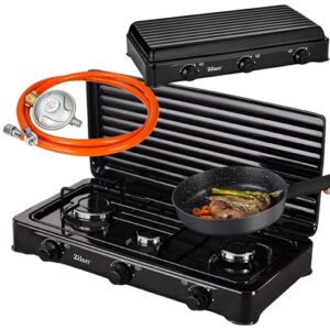 Vielseitiger 3-flammiger Gaskocher für Camping und Outdoor-Aktivitäten mit abnehmbarem Deckel, Gasschlauch und Druckminderer in glänzendem Schwarz.