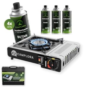 Tragbarer Gaskocher mit 4 Gaskartuschen und Tragetasche für Outdoor-Aktivitäten. Ideal für Camping, Picknicks und Festivals. Sicherheitsabschaltung und Piezozündung für sicheres Kochen im Freien.