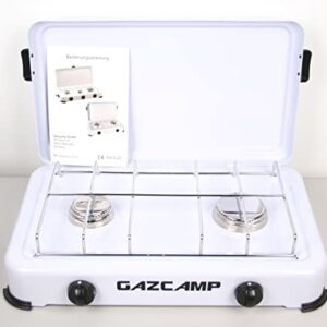 Gazcamp 2-flammiger Gaskocher in Weiß, ideal für Camping und Outdoor-Aktivitäten, mit robustem Design und zwei Kochfeldern.