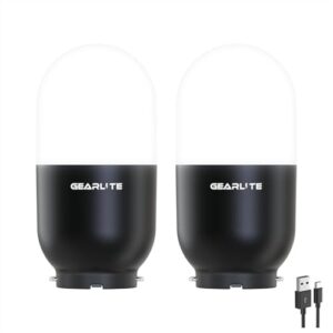 Zwei tragbare, wiederaufladbare Campinglampen mit USB-Anschluss und Karabiner, ideal für Outdoor-Aktivitäten wie Camping und Wandern, in modernem Design