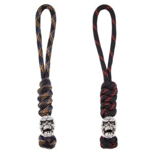 Zwei geflochtene ED Messer Fallschirm Lanyards aus Polyester mit Totenkopf-Design in Blau-Schwarz und Schwarz-Rot, ideal für Outdoor-Aktivitäten.