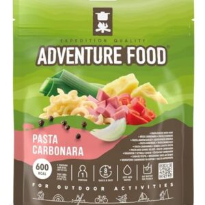 Verpackung von gefriergetrockneter Pasta Carbonara in Expeditionsqualität, ideal für Outdoor-Aktivitäten und schnelle Mahlzeiten, mit buntem Design und Nährwertinformationen.