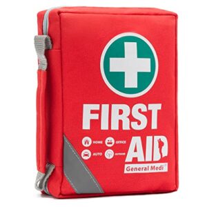Rotes 175-teiliges Erste-Hilfe-Set in strapazierfähiger Tasche mit Symbolen für verschiedene Einsatzorte wie Zuhause, Büro und Auto.