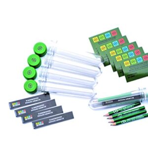 Geocaching Set mit 5 Petlingen, wasserfesten Logbüchern, Bleistiften und Aufklebern in grün für die sichere Aufbewahrung von Schätzen und Cache-Logbüchern.