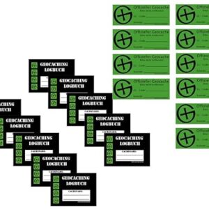 Set von 20 robusten Filmdosen und Logbüchern für Geocaching mit Aufklebern zur Kennzeichnung, ideal für Schatzsuchen im Freien.