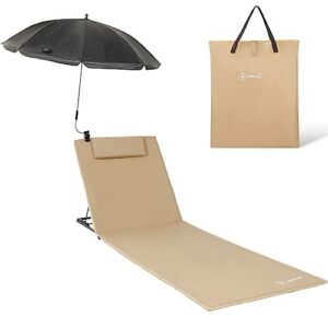 Gepolsterte, schnell trocknende Strandmatte mit Sonnenschirm in Beige, ideal für entspanntes Liegen am Strand oder im Garten, inklusive Tragetasche.