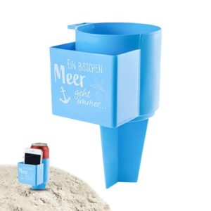 Blauer Getränkehalter für den Sand mit konischer Form, ideal für den Strand, Camping oder Angelausflüge, bietet Platz für Getränke und kleine Gegenstände.