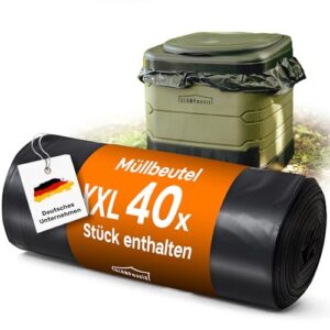 Robuste und reißfeste Toilettenbeutel in schwarz mit orangenem Etikett, ideal für Camping und Outdoor-Aktivitäten. Enthält 40 Stück mit einem Volumen von 70 Litern, auf einem grünen Abfallbehälter platziert.